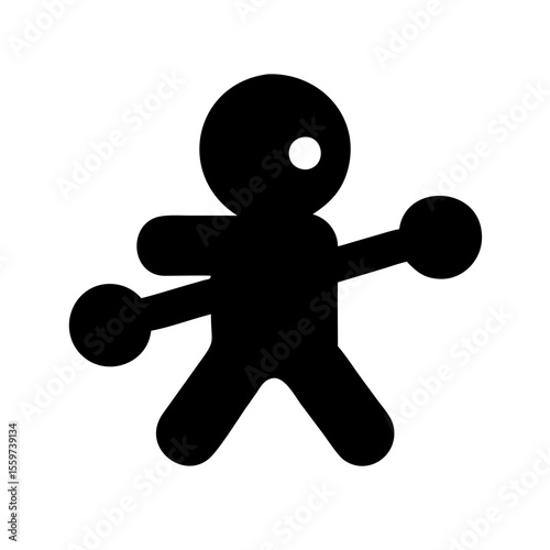 Stylized stick figure with rounded limbs and one white eye silhouette