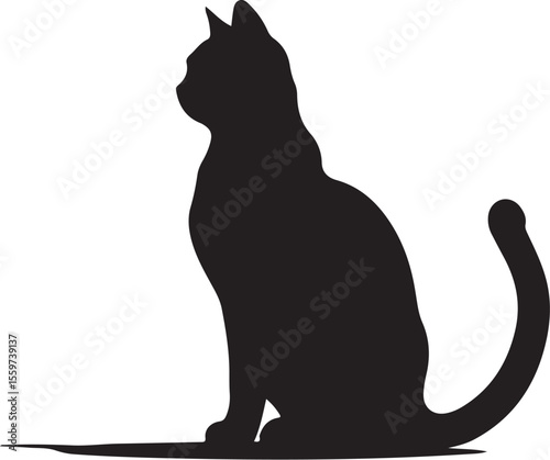 Elegant Black Cat Silhouette Sitting Side View Vector