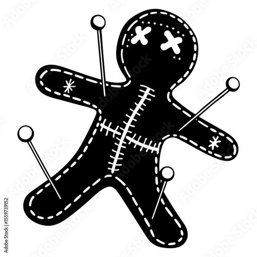 Stitched voodoo doll silhouette with pins and x eyes