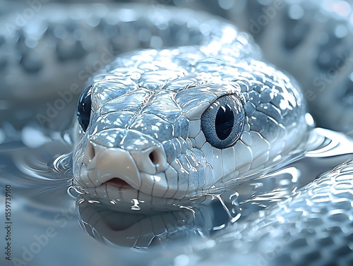 A surreal snake made of liquid mercury with a distorted reflective appearance