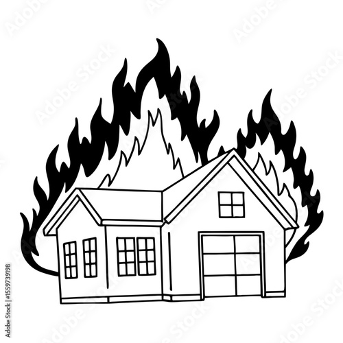 House on fire with flames engulfing the building silhouette