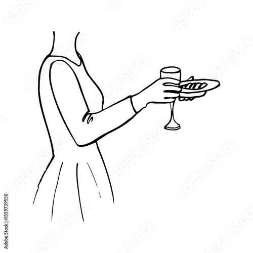 headless female profile carrying glass with drink and plate with food - hand drawn line art