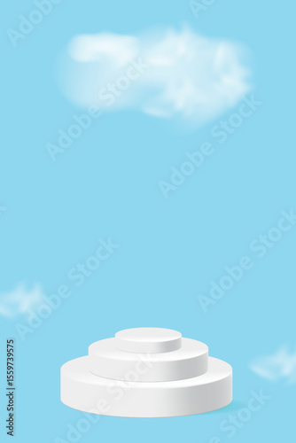 Podium 3d on the blue background with 3d white cloud. Poster for marketing, business, online shopping. Vector illustration
