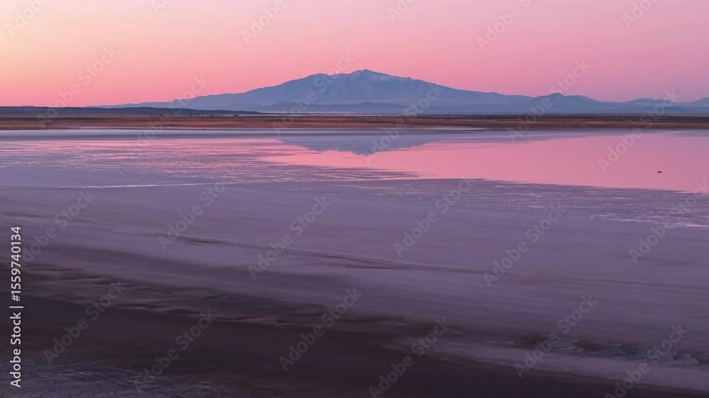 Aerial view of Salinas del Diamante national protected area and open-air salt flat at sunset, Mendoza, Argentina.