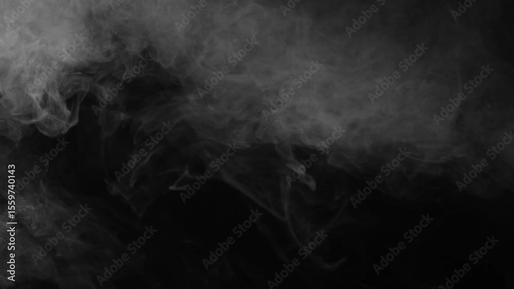 Slowly moving, swirling smoke creates dark, mysterious texture on black screen. Atmospheric background element for cinematic use