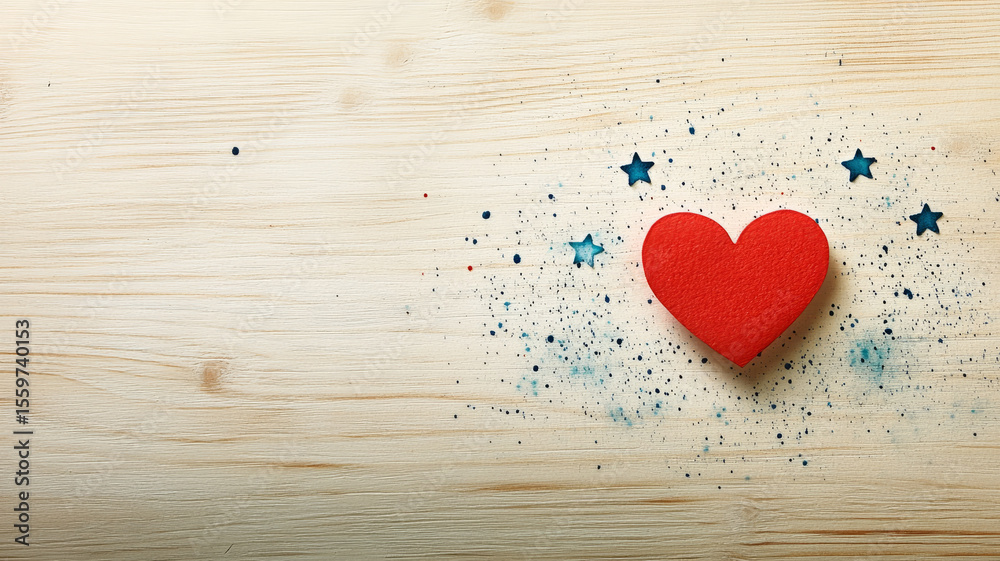 Fototapeta premium Red heart and stars on wood background, perfect for romantic themes.