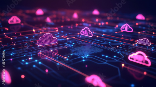 Abstract cloud computing with glowing connections and icons, symbolizing modern digital innovation and seamless data flow.
﻿