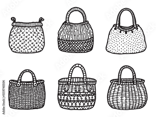 Simple Hand Knitted Bags Minimalist Vector Line Art