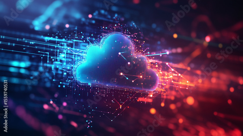 Abstract cloud computing with glowing connections and icons, symbolizing modern digital innovation and seamless data flow.
﻿