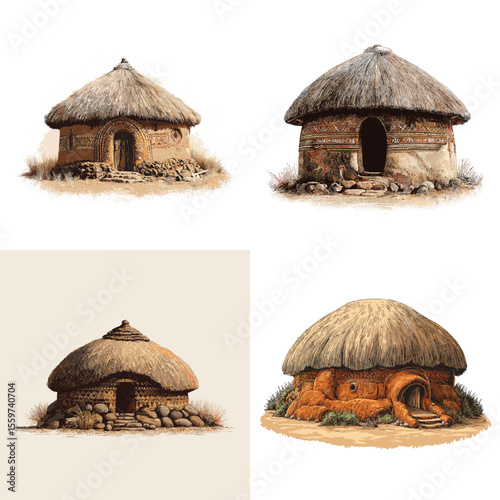 Traditional African huts with round structures and thatched roofs, made of natural clay and stones, illustrated in earthy sketch style reflecting ancient village life.

