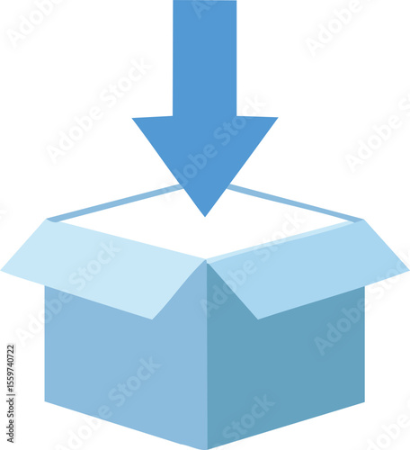 Vector Blue Down Arrow Inserting into Open Cardboard Box in Minimalist Flat Graphic Style