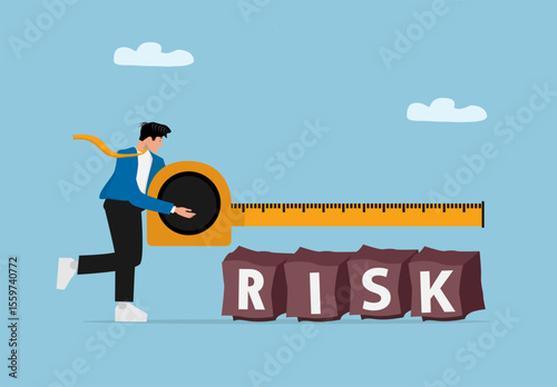 Businessman Measuring and Analyzing Risk with Tape Measure. Conceptual Vector Illustration for Business Risk Assessment, Financial Planning, and Strategic Decision Making