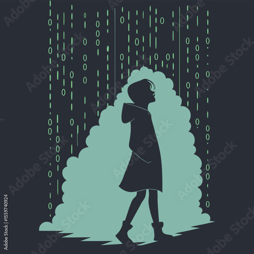Silhouette of a person in a hooded coat standing under digital rain and cloud like formation