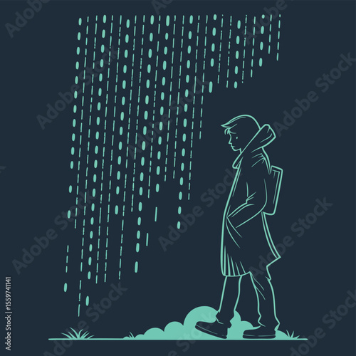 Silhouette of a person in a coat standing in the rain with a dark blue background and light blue accents
