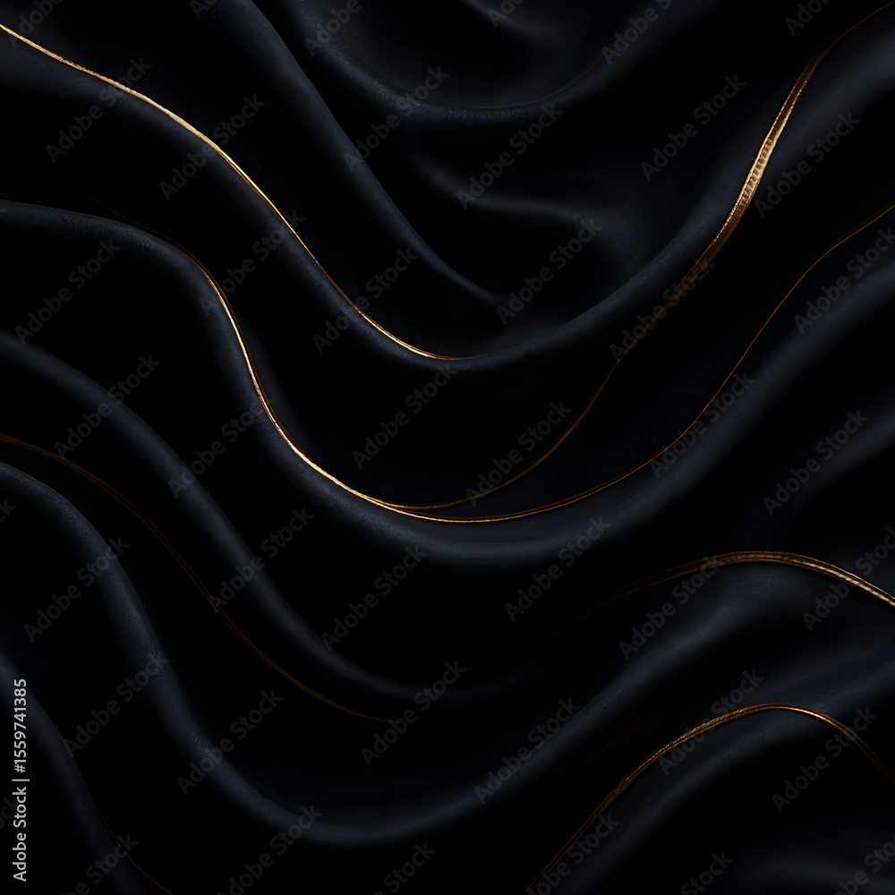 Fototapeta premium Luxurious Black Silk Fabric with Elegant Golden Waves. Abstract Background.
