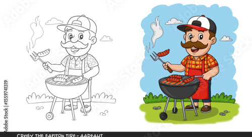 Cartoon man at grill flips a sausage with a fork against sky  grassy lawn backdrop