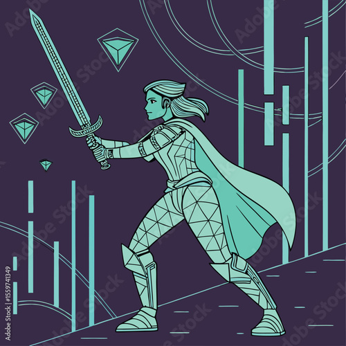 Female warrior in armor holding a sword with geometric shapes and lines in a futuristic setting art