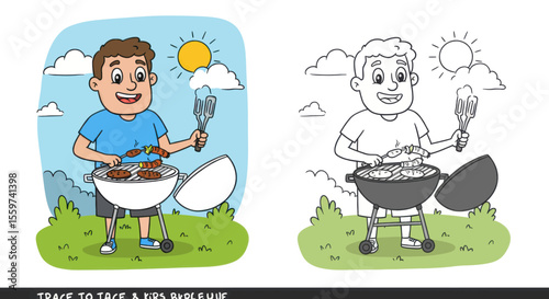 Two illustrations show a man grilling one colored with a light blue sky and the other in black and white