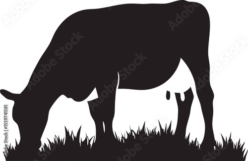 Grazing Cow Silhouette Vector | Farm Animal Clipart Scene in Grass Field