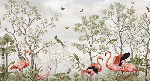 Tropical wallpaper mural with flamingos and birds in a forest setting for home decor and interior design