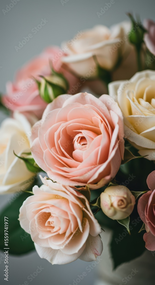 Obraz premium Close up of delicate rose bouquet. Beautiful flower arrangement for banner, poster, greeting and wedding card. 