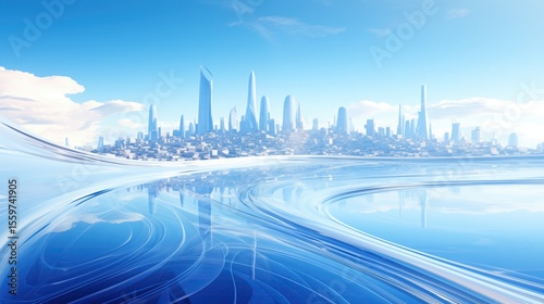 Futuristic cityscape with glowing skyscrapers and abstract light trails reflected in water, symbolizing technological progress and urban dynamism against a vibrant blue sky background