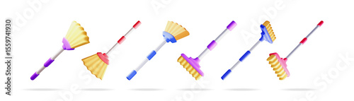 Various colorful household brooms in vibrant 3d cartoon style. Cleaning tools collection for home maintenance and hygiene concept.