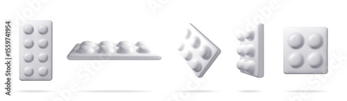 White medical blister packs with pills or vitamins set, 3d vector illustration. Pharmacy and healthcare concept. For drug store, advertising.