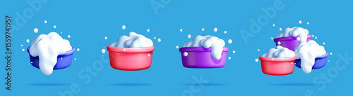 3D render of various colorful bowls with thick soap foam and bubbles. Concept of clean, washing, and laundry day.
