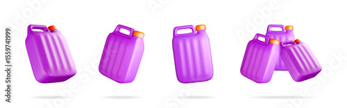 Collection of 3d purple plastic canisters with orange caps. Chemical liquid container for industry or home cleaning illustration.