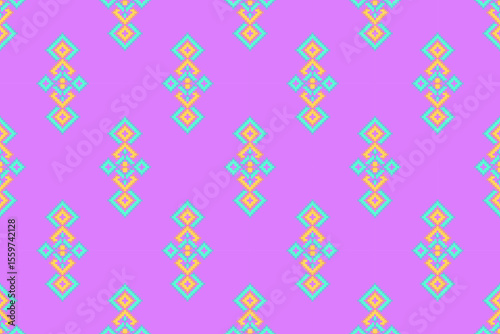 Pastel Lilac,Aqua Pixel Ethnic Seamless Pattern,Soft pastel lilac seamless pattern with pixelated ethnic diamond motifs in aqua and yellow. Ideal for gentle textile designs and digital backgrounds.