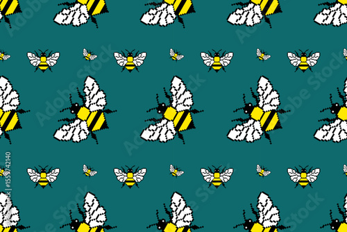 Teal,Bumblebee Yellow Pixel Seamless Bee Pattern,Charming seamless pixel pattern featuring bumblebees on a teal background. Ideal for children's textiles, modern apparel, and digital design.