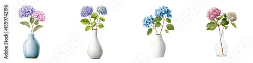 Watercolor Hydrangea Flowers in Vases - Floral Still Life Set