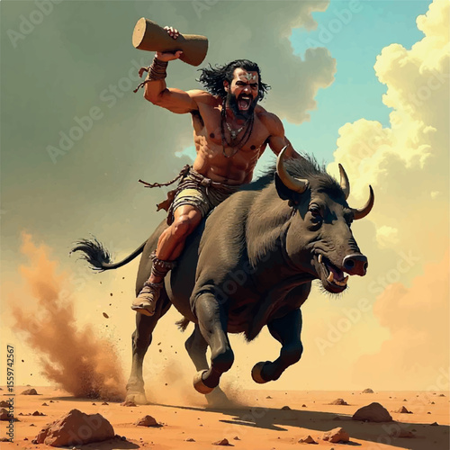 gray beard, full growth, art, guardian, man, helmet, personage, cute, riding, hero, warrior, little, male, animal, ax, scandinavian, horn, armor, open mouth, no ai, kind, fantasy, fang, golden, 