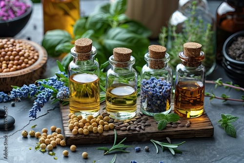 Natural oils and dried herbs promoting wellness and healthy lifestyle
