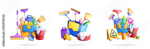 Three 3d stock vector illustrations featuring cleaning tools. Set of colorful household supplies for spring clean concept.