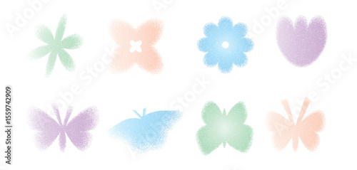 Grain colorful pastel noise gradient butterflies and flowers shape set. Y2k floral forms. Gritty grunge butterfly, tulip and daisy icons on white background. Vector stippling illustration.