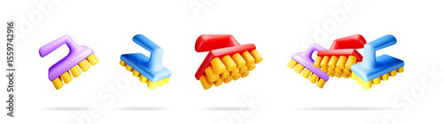 Cleaning brush 3d icons set. Home hygiene tools. Cleaning equipment for house, bathroom, kitchen. Cartoon style for web.