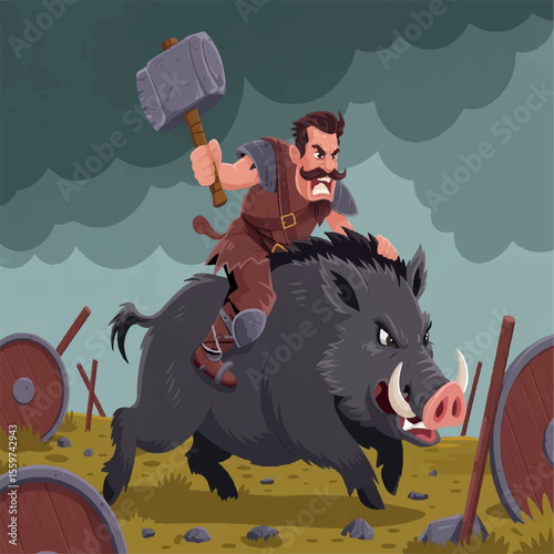 gray beard, full growth, art, guardian, man, helmet, personage, cute, riding, hero, warrior, little, male, animal, ax, scandinavian, horn, armor, open mouth, no ai, kind, fantasy, fang, golden, fairyt