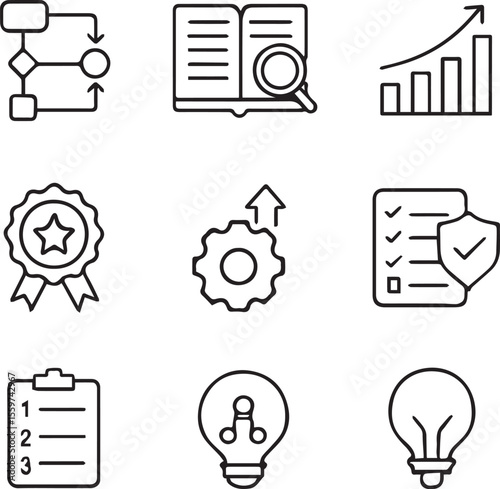 Best practices line editable icon set. Containing workflow, guidelines, performance, standards, improvement, protocols, procedures, methodology, and more. Vector illustration