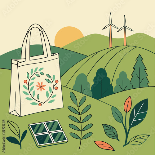 Eco friendly scene featuring a tote bag, solar panel, wind turbines and lush green landscape design