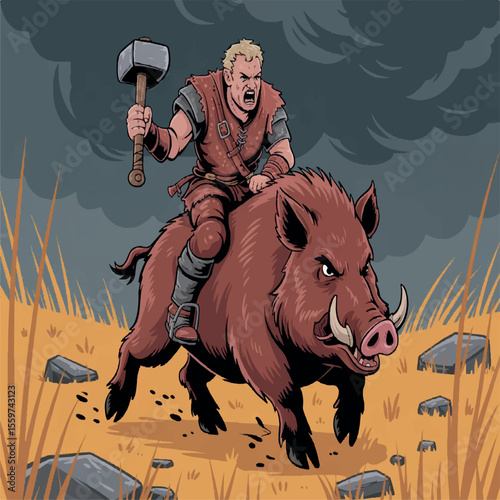 gray beard, full growth, art, guardian, man, helmet, personage, cute, riding, hero, warrior, little, male, animal, ax, scandinavian, horn, armor, open mouth, no ai, kind, fantasy, fang, golden, fairyt
