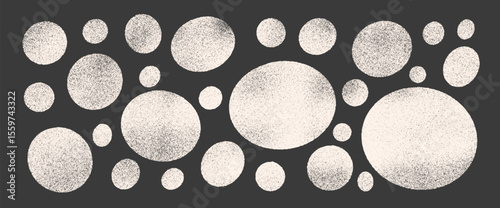 Gritty graffiti spray circles and ovals set. Polka dots chalk or aerosol paint shapes pack. Vector creamy white hand drawn round and ellipse figures illustration isolated on black background.