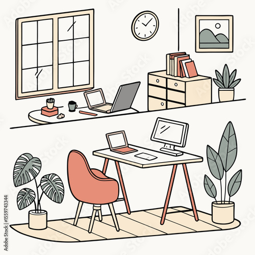 Illustration of a home office setup with desks, computers, plants, and a window with natural light