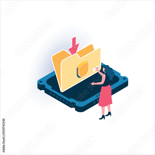Isometric Woman Managing Secure Files Folder Download.eps