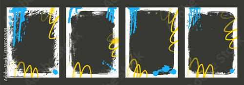 Grunge white blank sticker set. Frame templates with graffiti spread art. Mockup backgrounds for photo and text. Border with airbrush lines. Vector banner overlay frameworks with retro texture.