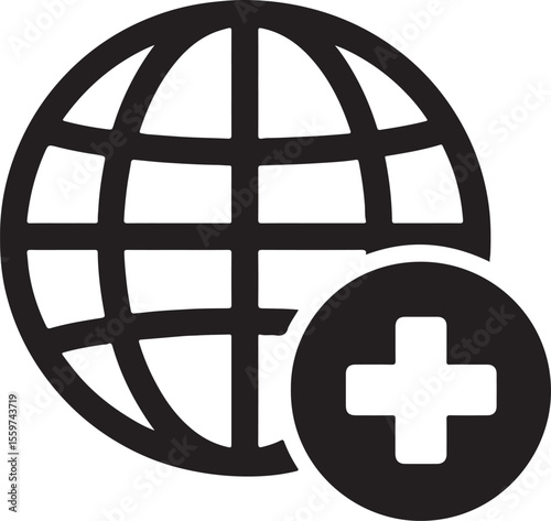 Silhouette icon of a medical cross over a globe, representing global health coverage and worldwide medical support.