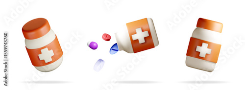 Three 3d plastic medicine bottle with medical cross symbol and spilled colorful pills. Modern pharmacy and healthcare concept graphic.
