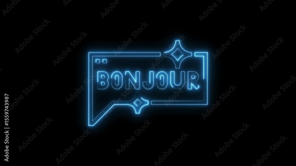 Animated bonjour neon sign with glowing blue light on black background revealing french greeting