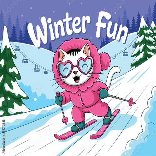 illustration, vector, glasses, cat, winter, skier, design, animal, snow, fun, sport, cartoon, funny, sportsman, pet, ski, cold, mountain, cute, extreme, kitty, isolated, scarf, leisure, tourism, 